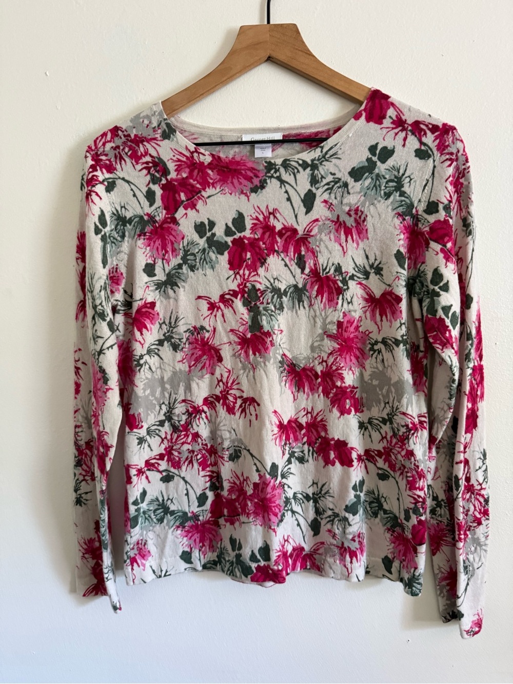 Garnet Hill Pink Floral Long-Sleeve Crewneck Top